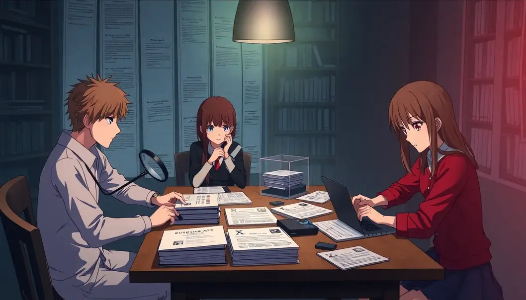 Anime characters delving into a true crime investigation, embodying the allure of intricate narratives.