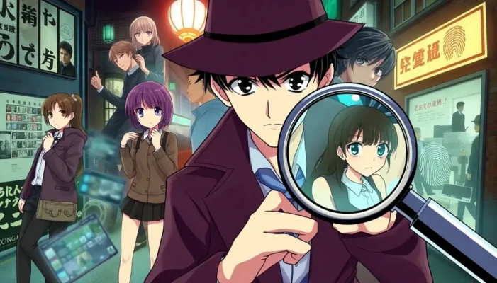 A vivid collage of anime characters investigating true crime scenes.