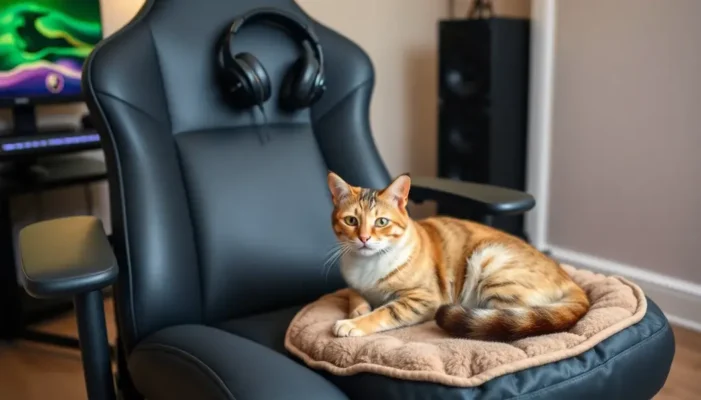 An ergonomic gaming chair and headset with a relaxed cat in a peaceful gaming setup.