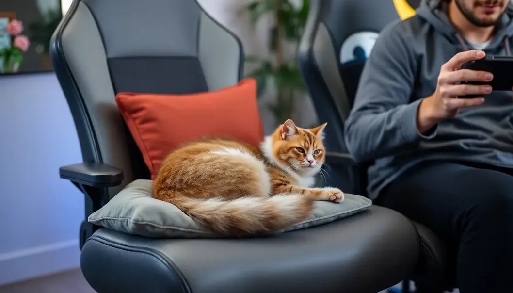 A gamer chair designed for both comfort and pet companionship.