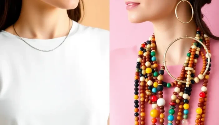 Side-by-side comparison: minimalist necklace and colorful maximalist jewelry.