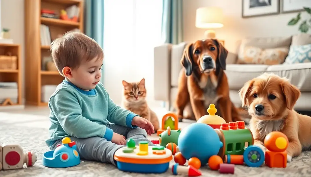 A toddler engaging with educational toys alongside a dog and cat, showcasing harmony and learning.